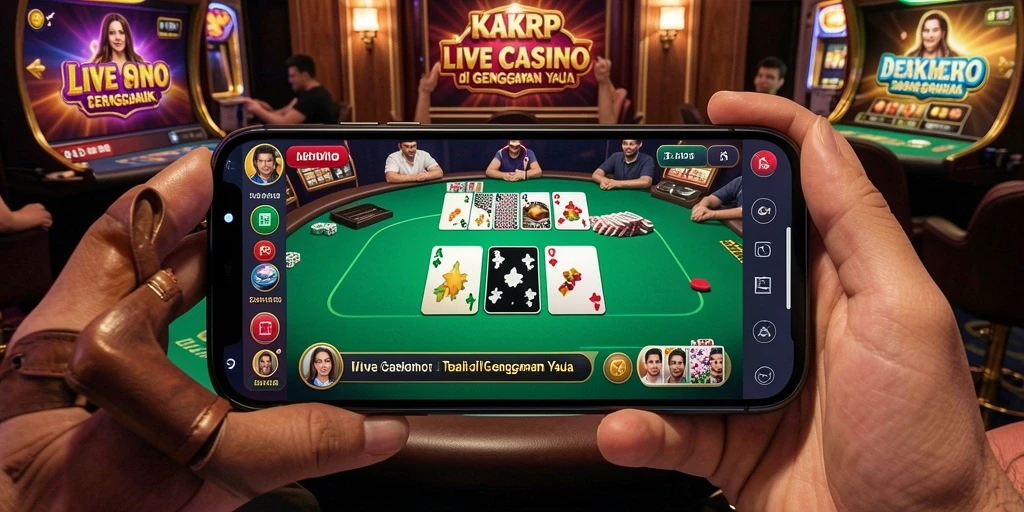 Screenshot KAKRP menampilkan dealer langsung dan suasana casino yang mendebarkan.
