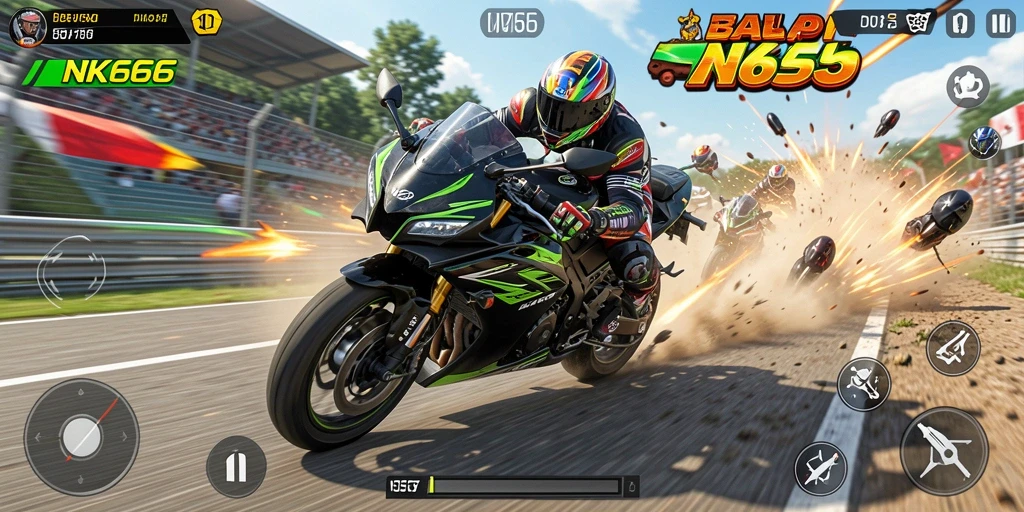 Tampilan gameplay seru NK666 dengan balapan motor yang mendebarkan.